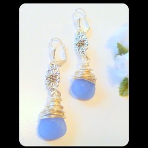 Blue briolette wire wrapped earrings